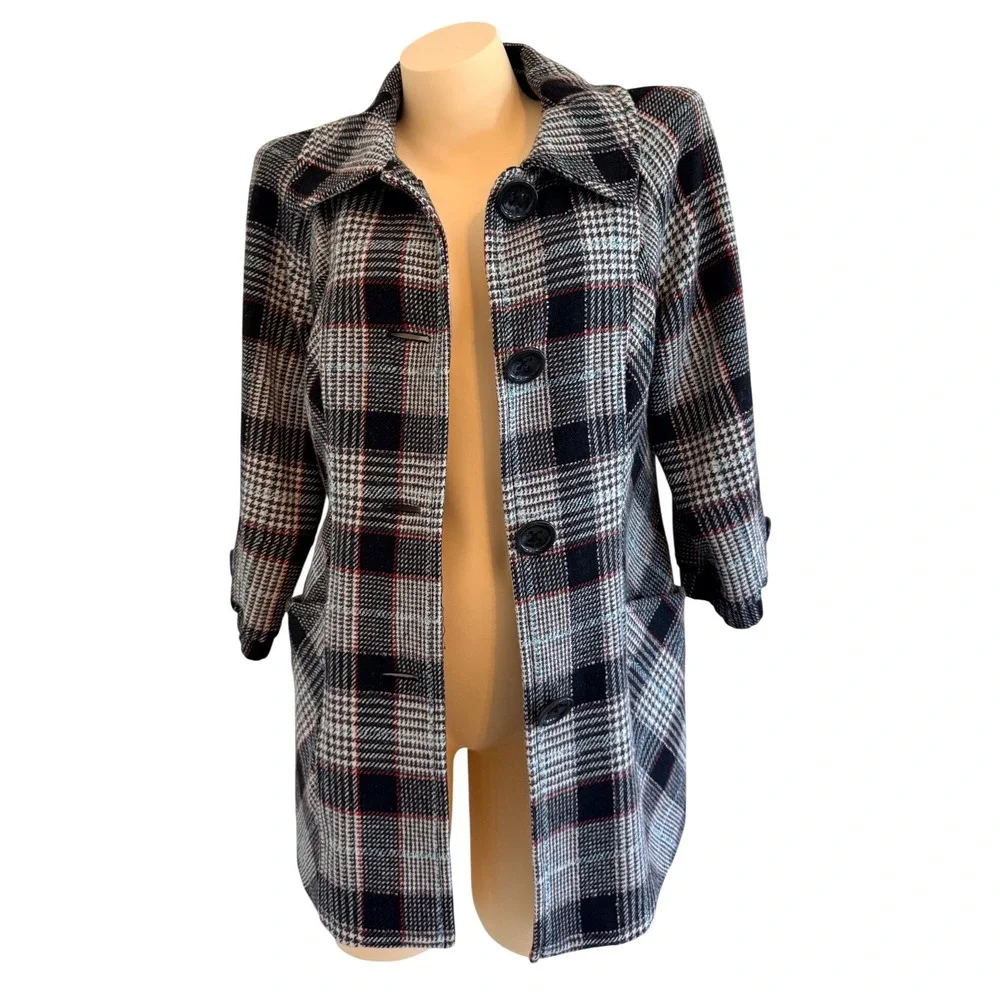 Guess Jeans Plaid Wool Blend Coat Womens L Black White Red Preppy Academia - Picture 11 of 16